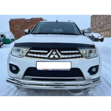 Защита переднего бампера двойная с подгибами d76/60 Папа Тюнинг для Mitsubishi Pajero Sport (2008-2015)