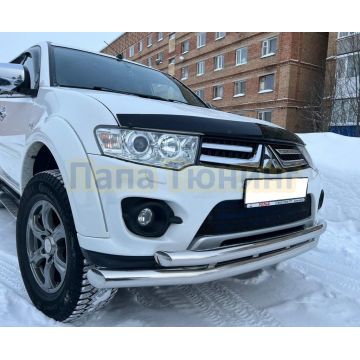 Защита переднего бампера двойная с подгибами d76/60 Папа Тюнинг для Mitsubishi Pajero Sport (2008-2015)