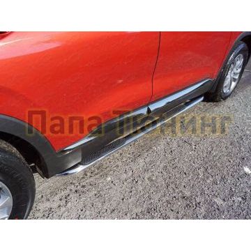 Пороги овальные гнутые с накладкой 75х42 мм для Hyundai Santa Fe 2018-