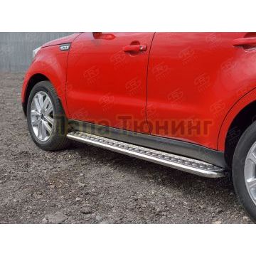 Пороги с площадкой алюминиевый лист d42 вариант 2 РусСталь для Kia Soul 2016-2019