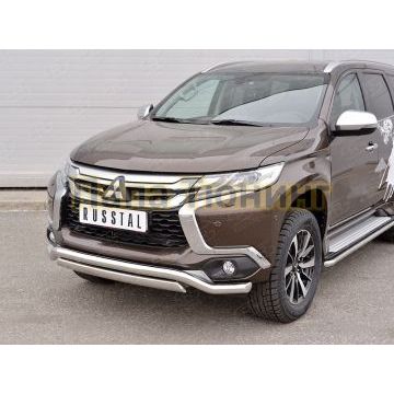 Защита передняя двойная с волной 63-75х42 мм РусСталь для Mitsubishi Pajero Sport 2016-2021