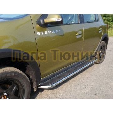 Пороги с площадкой нержавеющий лист 42 мм ТСС для Renault Sandero Stepway 2015-2018