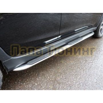 Пороги овальные гнутые с накладкой 75х42 мм ТСС для Subaru XV 2017-