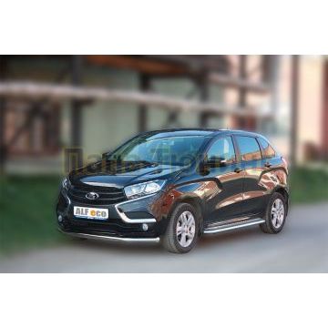 Пороги с площадкой алюминиевый лист 50 мм ALFeco для Lada X-RAY 2016-