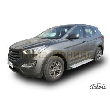 Пороги алюминиевые Arbori Optima Silver серебристые для Hyundai Santa Fe 2012-2018