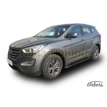 Пороги алюминиевые Arbori Optima Black чёрные для Hyundai Santa Fe 2012-2018