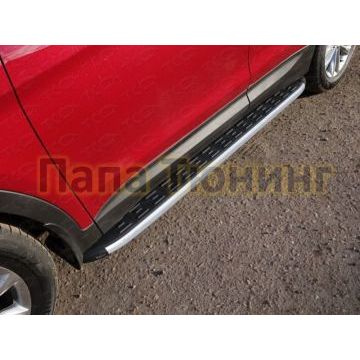 Пороги алюминиевые ТСС с накладкой серебристые для Hyundai Santa Fe 2015-2018 Пороги алюминиевые ТСС с накладкой серебристые для Hyundai Santa Fe 2015-2018