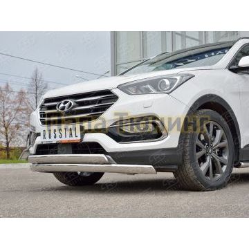 Защита передняя овальная двойная 75х42х2 мм РусСталь для Hyundai Santa Fe 2015-2018