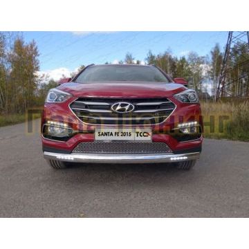 Защита передняя овальная длинная с ДХО 75х42 мм ТСС для Hyundai Santa Fe 2015-2018 Защита передняя овальная длинная с ДХО 75х42 мм ТСС для Hyundai Santa Fe 2015-2018