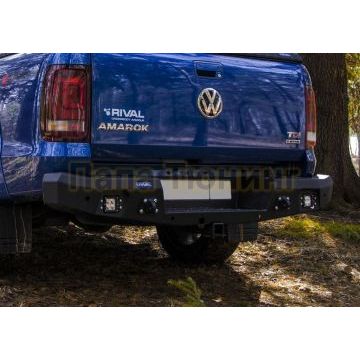 Бампер силовой Rival задний черный с ПТФ алюминий 4 мм для Volkswagen Amarok 2010-