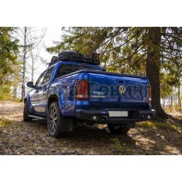 Бампер силовой Rival задний черный с ПТФ алюминий 4 мм для Volkswagen Amarok 2010-