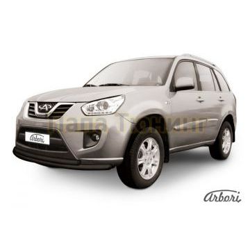 Защита передняя чёрная сталь двойная 57-42 мм Slitkoff для Chery Tiggo FL 2013-2016
