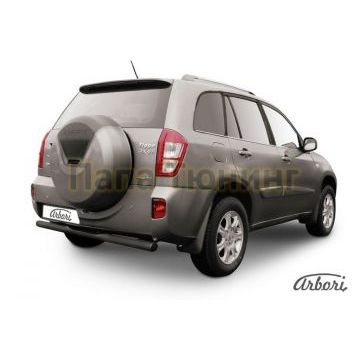 Защита заднего бампера чёрная сталь с накладкой 76 мм Slitkoff для Chery Tiggo FL 2013-2016