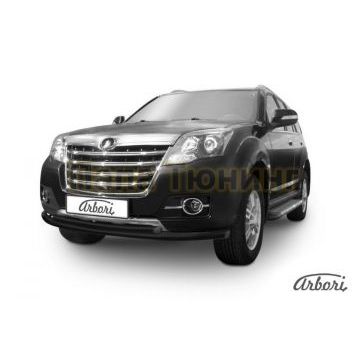 Защита передняя чёрная сталь двойная 57-42 мм Slitkoff для Great Wall Hover H3 New 2014-2015