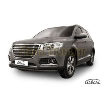 Защита передняя чёрная сталь двойная 57-42 мм Slitkoff для Haval H6 2014-