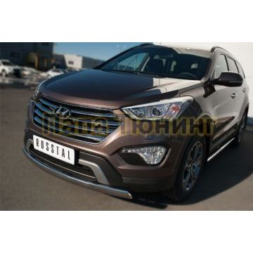 Защита передняя овальная двойная 75х42 дуга РусСталь для Hyundai Santa Fe Grand 2014-2016