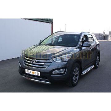 Пороги с площадкой алюминиевый лист 60 мм ALFeco для Hyundai Santa Fe 2012-2015
