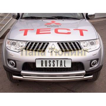 Защита передняя двойная d76-d42 РусСталь для Mitsubishi Pajero Sport 2008-2013