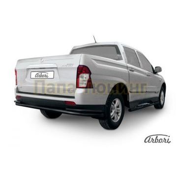 Защита заднего бампера чёрная сталь двойная длинная 76-42 мм Slitkoff для SsangYong Actyon Sports 2012-2015