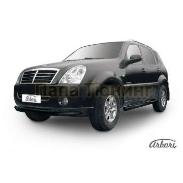 Защита передняя чёрная сталь двойная 76-57 мм Slitkoff для SsangYong Rexton 2 2010-2012