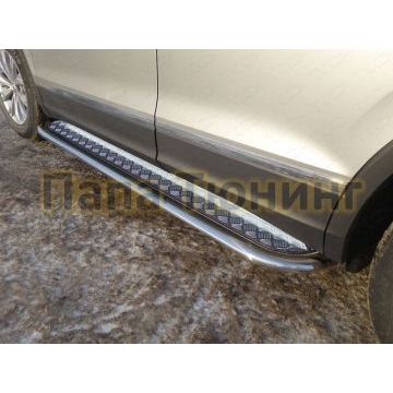 Пороги овал с площадкой алюминиевый лист 75х42 мм ТСС для Volkswagen Tiguan 2016-