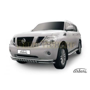 Защита передняя двойная с накладками 57-57 мм Slitkoff для Nissan Patrol 2010- Защита передняя двойная с накладками 57-57 мм Slitkoff для Nissan Patrol 2010-