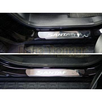 Накладки на пороги зеркальный лист надпись Santa Fe ТСС для Hyundai Santa Fe Grand 2016-