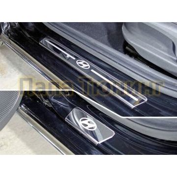 Накладки на пороги зеркальный лист логотип Hyundai 4 штуки ТСС для Hyundai Solaris 2018-