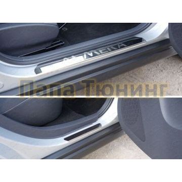 Накладки на пороги зеркальный лист надпись Almera ТСС для Nissan Almera 2013-2018