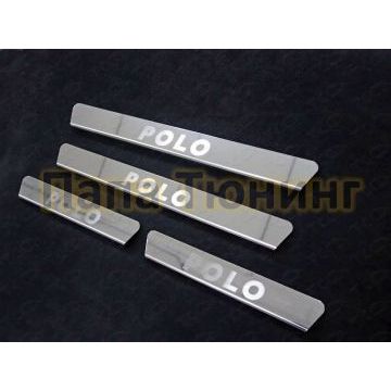 Накладки на пороги зеркальный лист надпись Polo ТСС для Volkswagen Polo 2015-
