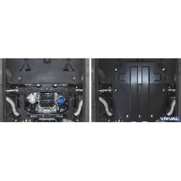 Комплект защит картер + КПП + РК сталь Rival для Genesis G70 V - 2.0T, полный привод 2018-/Genesis G70 V - 2.0T, полный привод 2018-/Kia Stinger, V - 2.0T; 3.3T, полный привод 2018-/Kia Stinger, V - 2.0T; 3.3T, полный привод 2018-