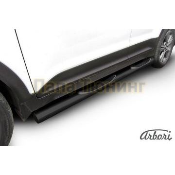 Пороги чёрная сталь труба с накладками 76 мм на 4х4 Slitkoff для Hyundai Creta 2016-2021