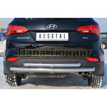 Защита заднего бампера двойная d57-d57 дуга РусСталь для Hyundai Santa Fe 2012-2015