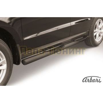 Пороги чёрная сталь труба с накладками 76 мм Slitkoff для Hyundai Santa Fe 2010-2012