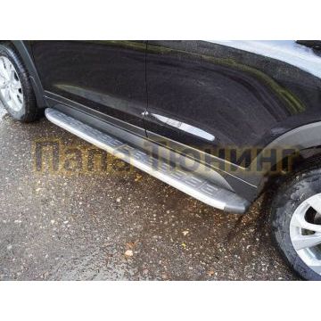 Пороги алюминиевые ТСС с накладкой серебристые для Hyundai Tucson 2018-2021 Пороги алюминиевые ТСС с накладкой серебристые для Hyundai Tucson 2018-2021