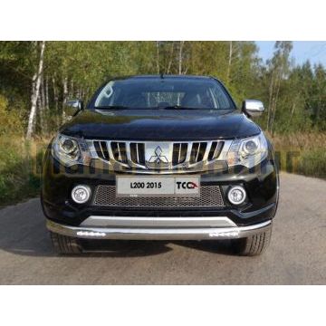 Защита передняя овальная с ДХО 75х42 мм ТСС для Mitsubishi L200 2015-2019 Защита передняя овальная с ДХО 75х42 мм ТСС для Mitsubishi L200 2015-2019