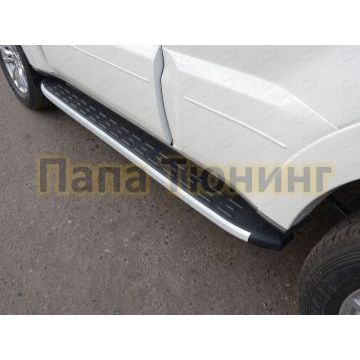 Пороги алюминиевые ТСС с накладкой для Mitsubishi Pajero 4 2014- Пороги алюминиевые ТСС с накладкой для Mitsubishi Pajero 4 2014-