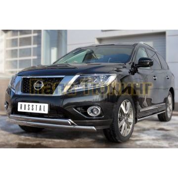 Защита передняя овальная двойная 75х42 мм РусСталь для Nissan Pathfinder 2014-