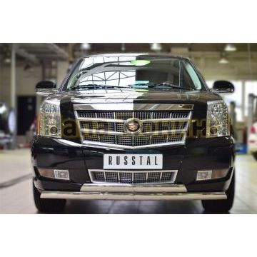 Защита передняя овальная двойная 75х42 мм РусСталь для Cadillac Escalade 2006-2015