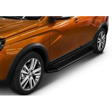 Пороги алюминиевые Rival Black-Premium для Lada Vesta SW Cross 2017-