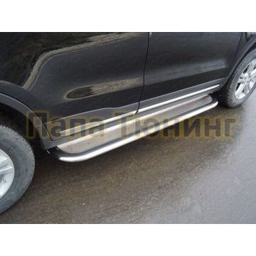 Пороги с площадкой (нерж. лист) 75х42 мм ТСС для Geely Atlas 2018-2024/Geely Atlas PRO 2021-2024