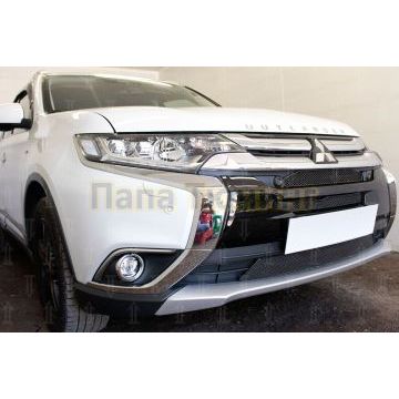 Защита радиатора Mitsubishi Outlander III 2015-2018 (3 части) black с парктроником и камерой PREMIUM
