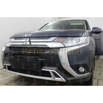 Защита радиатора Mitsubishi Outlander III 2018- (3 части) black с парктроником и камерой PREMIUM
