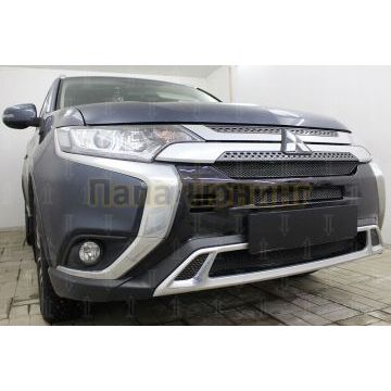 Защита радиатора Mitsubishi Outlander III 2018- (3 части) black с парктроником и камерой PREMIUM