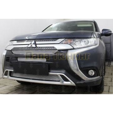 Защита радиатора Mitsubishi Outlander III 2018- (3 части) chrome с парктроником и камерой PREMIUM
