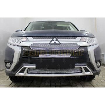 Защита радиатора Mitsubishi Outlander III 2018- (3 части) chrome с парктроником и камерой PREMIUM